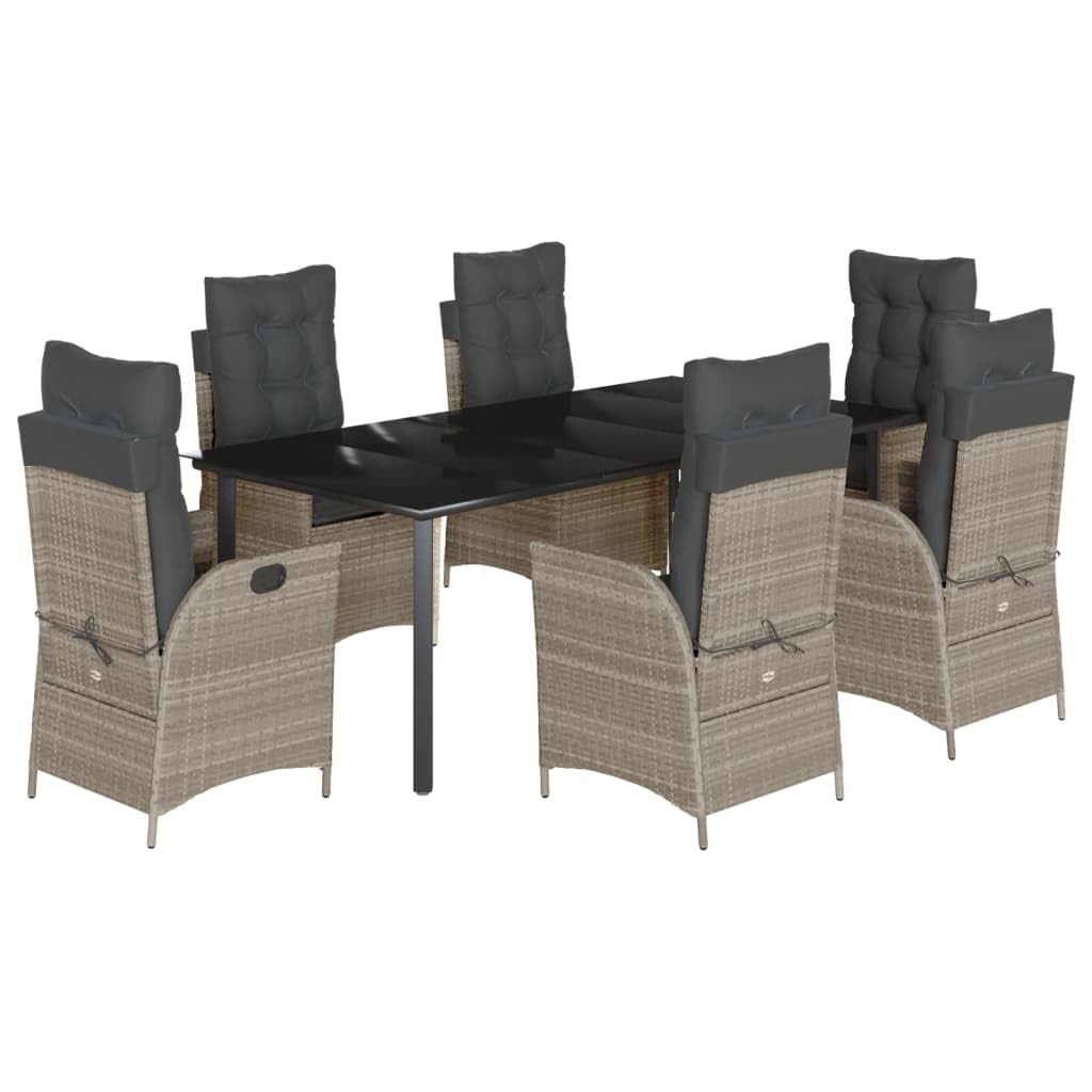 Set da pranzo da giardino, 7 pezzi, grigio chiaro, polyrattan, sedie regolabili, tavolo da 200 x 100 cm, zona pranzo all'aperto con cuscino, resistente ai raggi UV, facile da pulire
