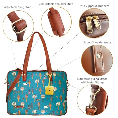 Image of Funk For Hire Women's Teal Blue Printed Vegan Leather 15.6 inch Laptop Handbag Sling with Waterproof Nylon Lining Cushioned Sleeve Adjustable Padded Shoulder Strap