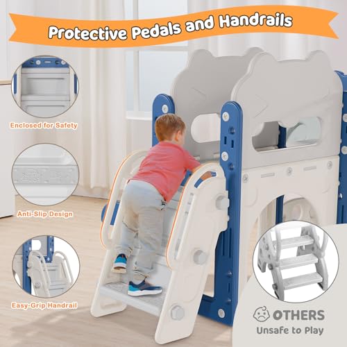 Babytronic Toddler Slide, 7 in 1 Kids Indoor Slide for Toddler 1-3, Indoor Outdoor Toddler Slide Playset with Basketball Hoop and Telescope, Baby Indoor Slide Toddler Playground(Blue&Gray)