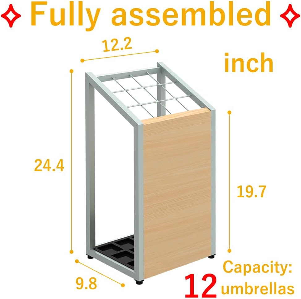 AKIRA Mid-Size Umbrella Stand for 12-Umbrellas Modern Natural Wood Grain & Gray Metal Entryway Organizer Rack Holder for Office or Lobby, Model US-US-0325-GYNA