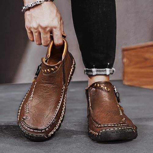 Stepthetop Motorcycle Boots, Men's Casual Leather Shoes Loafers Comfortable Boots Hand Stitched Mid-top Loafers4