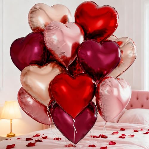 QIFU Red Pink Heart Balloons 12pcs, Dark Red Gold Pink Love Heart Balloons Valentines Balloon, Helium Foil Hearts Balloon for Romantic Valentines Decorations Anniversary Engagement Wedding Girlfriend - Image 2