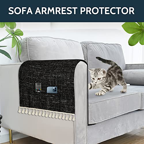 Faux Linen Armrest Cover For Recliner Macrame Design Armchair Caddy Slipcover For Living Room Couch With 2 Pockets For Phone Sofa Arm Protector For Pets, Cats, 2 Pieces, Black #TOP4