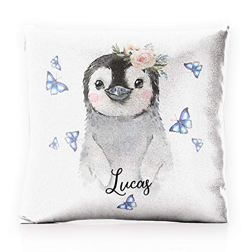 Image of Hairyworm Personalised Cushion Cover with Filling Optional, Pink, Champagne, White Glitter Square Cushion Customised with Initial/Name/Text, Penguin Butterfly Design
