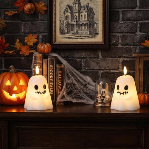 Image of GenSwin Ghost Halloween Flameless Candles Battery Operated LED with Timer | Real Wax, Halloween Decor, White, 2 Pack, 3.5 inch x 5.5 inch