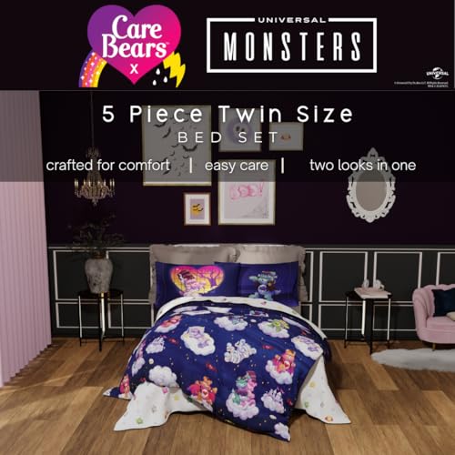 Image of Care Bears x Universal Monsters Halloween Bedding 5 Piece Super Soft Cozy Reversible Comforter and Sheet Set with Sham, Twin, (Officially Licensed Product) By Franco