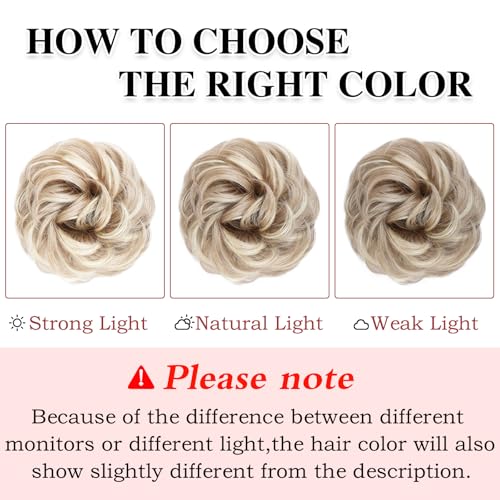 MORICA 1PCS Messy Hair Bun Hair Scrunchies Extension Curly Wavy Synthetic Chignon Hairpieces for Women (Natural Blonde & Lightest Blonde)