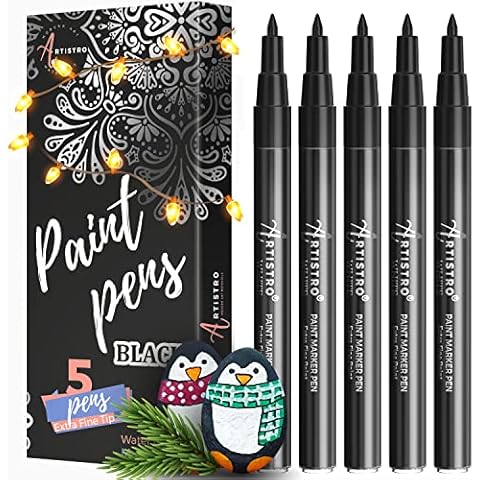 ARTISTRO Black Paint Pens for Rock Painting, Stone, Ceramic, Glass, Wood, Tire, Fabric, Metal, Canvas. Set of 5 Water Based Black Markers for Acrylic Painting Extra Fine Point Tip Cover