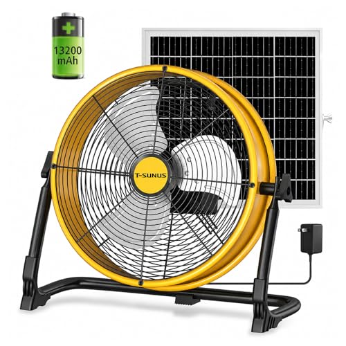 T-SUNUS 12' Solar Powered Fan, 13200mAh Rechargeable Fan with 20W Panel, 1500 CFM Battery Powered Metal Floor Fan, 4.5–27H Runtime, USB Output, 360° Tilt for Camping, RV, Patio, Garage, Power Outage