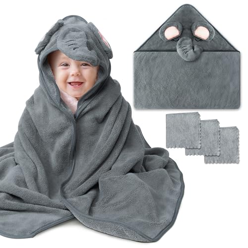 Image of Zainpe 4Pcs Baby Animal Character Hooded Towel & Washcloth Set Grey Coral Fleece Soft Absorbent Cute Elephant Bath Towel Blanket Hand Towels Infant Shower Gifts for Newborn Toddler Essential