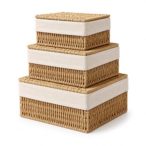 Storage Baskets with Lids Set of 3, Woven Paper Rope Lidded Baskets with Cotton Linen Liner, Nesting Wicker Storage Bins for Shelves, Bathroom, Bedroom, Closet, Pantry Organization