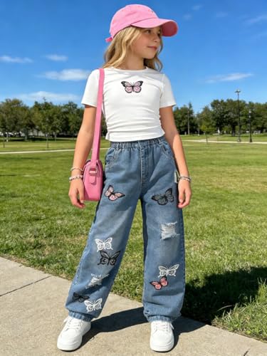 Image of Azmxynol Tween Girl Clothes Short Sleeve Top + Butterfly Design Jeans 2 Pieces Spring Summer Outfit Set, Size 6-16 Years