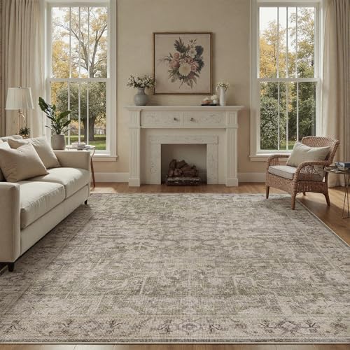9x12 Distressed Area Rug, Non-Slip, Greige & Dark Green
