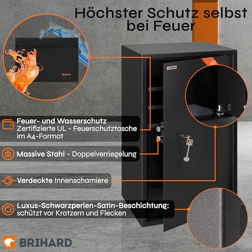 Brihard Business XXL Tresor mit Schlüssel 73x40x36cm & Feuerfeste Dokumententasche A4, 102L Großer Stahl Safe für Zuhause oder Büro mit 3 Höhenverstellbaren Ablagen, für Laptop, Geld & A4 Dokumente
