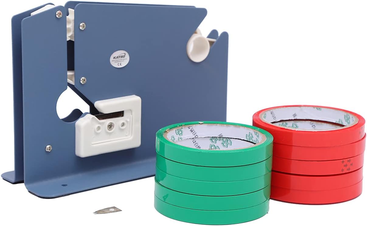 KATSU Plastic Bag Neck Sealer Tape Dispenser with One Spare Blade and 10 Rolls Tapes 45m Each, Food Bread Loaf Bag Packaging Sealer Fits 9-12mm Wide Tapes 832154