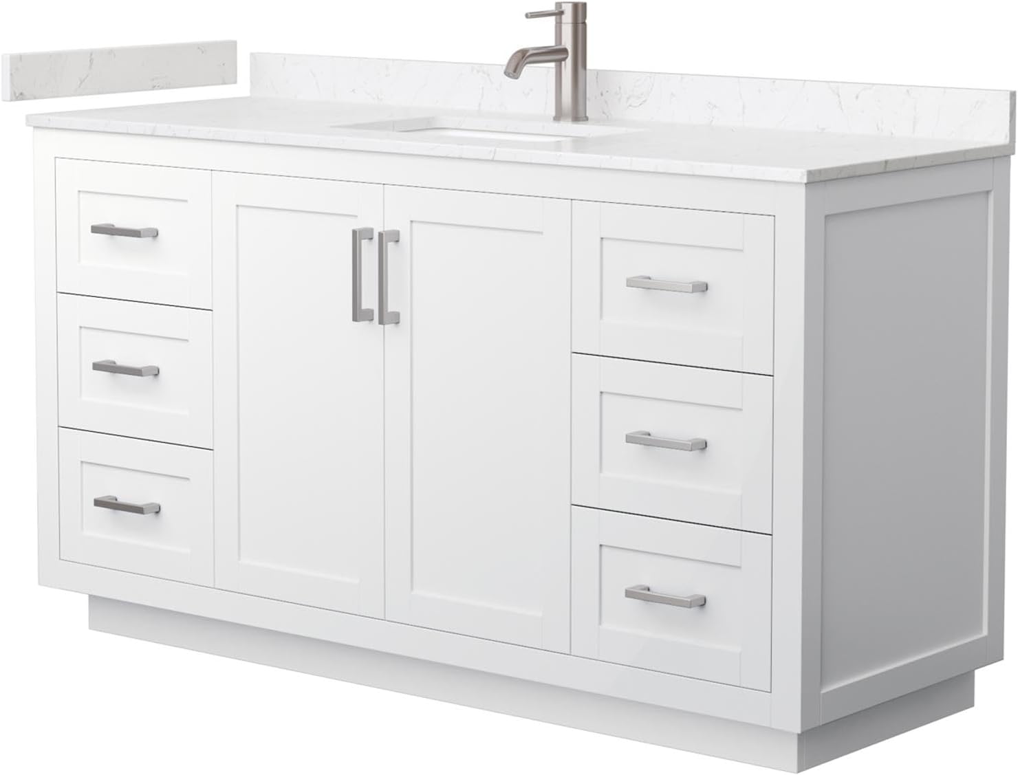 Miranda 60 Inch Single Bathroom Vanity in White, Light-Vein Carrara Cultured Marble Countertop, Undermount Square Sink, Brushed Nickel Trim
