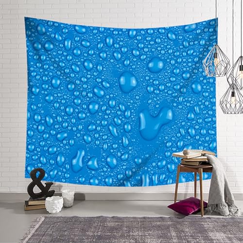 Tenture de gouttes d'eau bleue pour masquer un mur abime de sejour