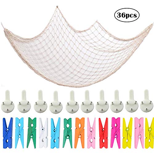 Rete da Pesca Decorativa, Rete da Pesca Portafoto con Mollette, con 20 Foto Clips 8 Chiodi, per Attaccatura e Decorazione Tabella Foto