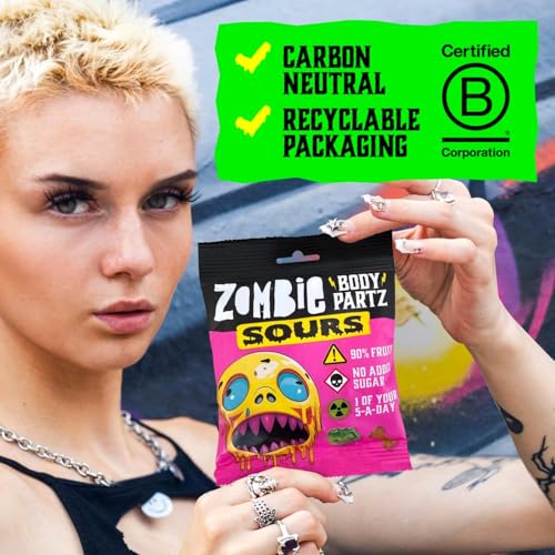 Zombie No Added Sugar Sweets, Sour Fruit Gummies (12 Bags), 90% Fruit, Vegan, Healthy Snacks for Adults, Kids, Low Calorie, Gluten Free, Halal, Bulk, Jelly, Tub, Vegetarian, Party Bags, Gummy