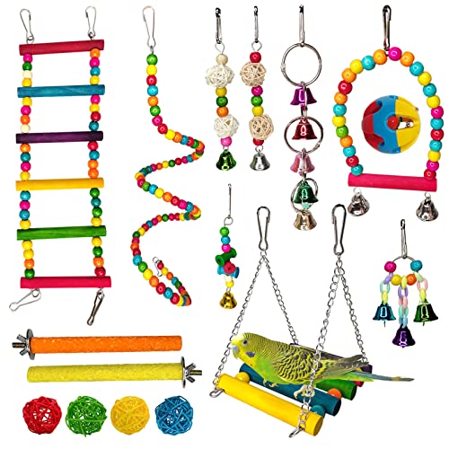 Hamiledyi Parakeets Bird Swing Toy Set, 16Pcs Bird Hanging Colorful Chewing Toys, Parakeets Standing Climbing Ladder Hammock Bells, Cockatiels Perches For Budgie Finches #TOP25