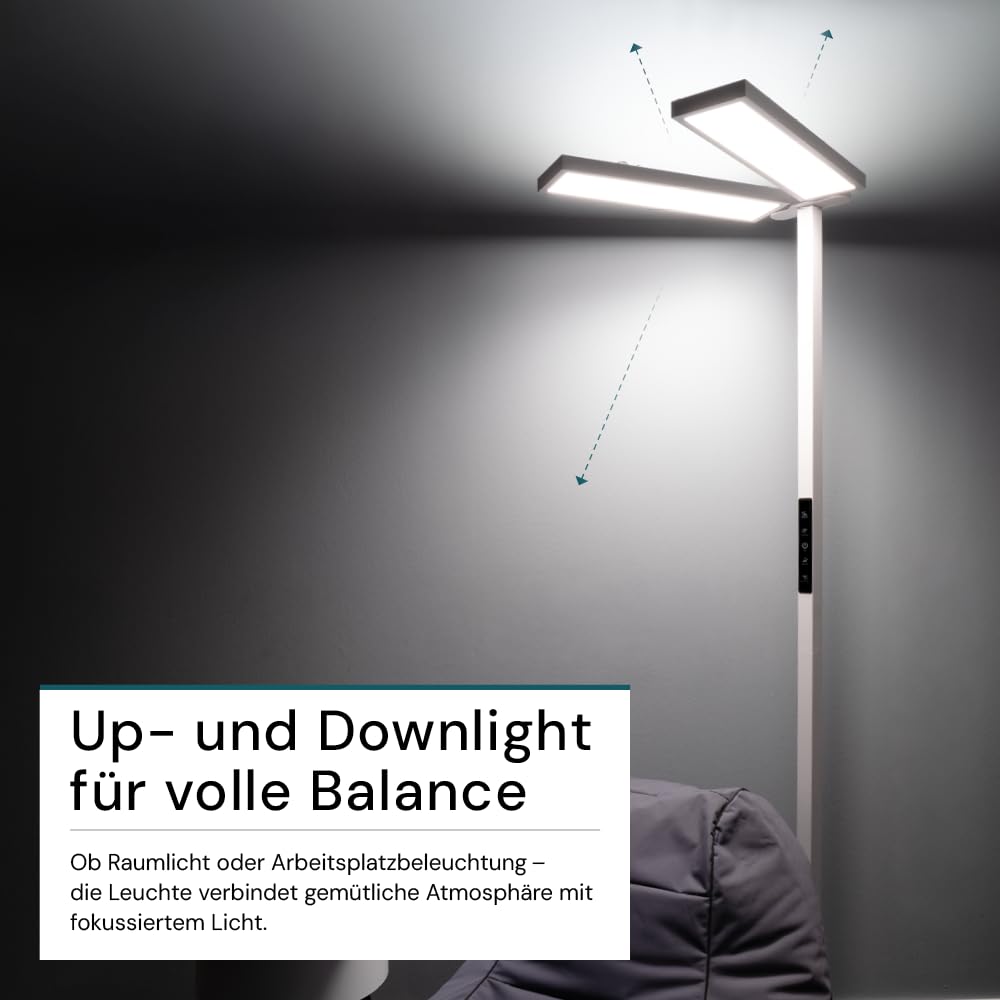 LUXULA LED Büro Stehlampe DUO, dimmbar, CRI>98 Vollspektrum, UGR<16 blendfrei, RG0 Blaulichtfilter, 4000K Neutralweiß, 120W, 8500 lm, weiß - Arbeitsplatz Stehleuchte Deckenfluter