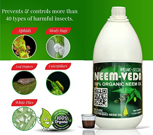 Home-Secure Neem Veda Organic Cold Pressed Neem Oil for Plants - Natural Pest Control, Organic Gardening Solution - Pure and Effective (With ML Cup, Spray Bottle) (Pack of 1 Ltr)
