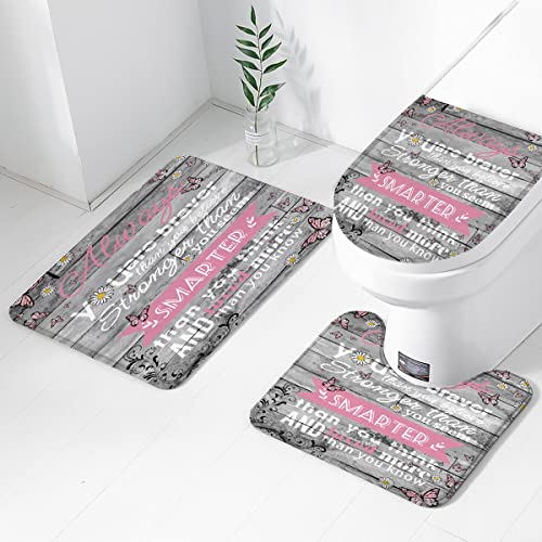 Aatter 4 Piece Pink And Grey Shower Curtain Set Inspirational Quotes Girls Kids Motivational Women 60Wx72L Curtains Decor With Non-Slip Rugs, Toilet Lid Cover And Bath Mat Bathroom Accessories, Rustic #TOP1