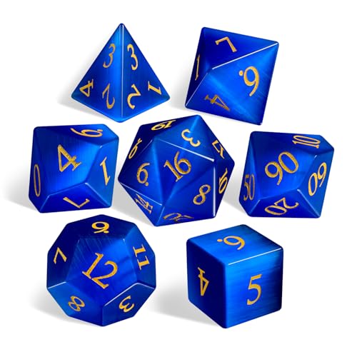 Gemstone Dice Set, 7-Piece Handcrafted Polyhedral Dice with Gold Engraving, Ideal for D&D, RPG, MTG & Tabletop Games, Gift Box Included (CE-Blue)