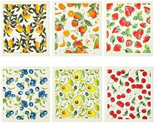 Patelai 6 Pieces Swedish Kitchen Dish Towels Kitchen Cloths Reusable Sponge Cleaning Cloths Absorbent Dish Cloth No Odor Hand Towel Quick Drying Washable Cleaning Wipes (Fruit Style)