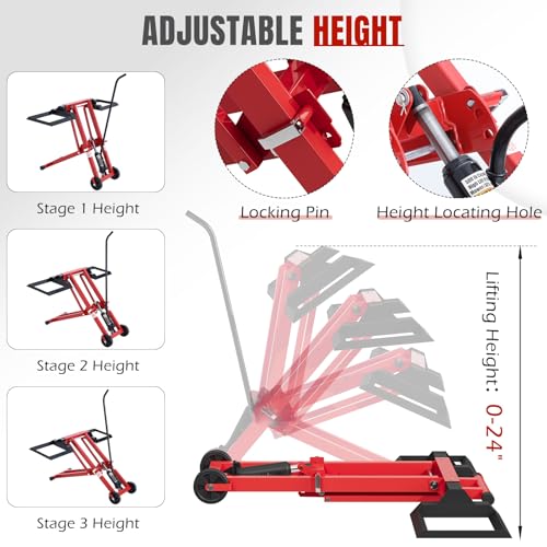 EROMMY 500LB Hydraulic Mower Lift for 40-47.6\" Axle, 24\" Lawn Tractor Jack with 3-Height Adjustment, Zero Turn Mower Lift for Maintenance & Repair, Red - Thumbnail 4
