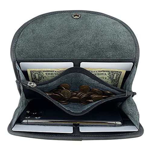 Hide & Drink, Snap Clutch Wallet Handmade From Full Grain Leather - Stylish Organizer With Button Closure And Zipper Coin Pocket - Convenient Storage For Personal Items, Valuables (Charcoal Black) #TOP5