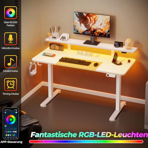 Höhenverstellbarer Schreibtisch 140x60 cm, Elektrischer Steh-Sitz Tisch mit LED, Steckdosen & USB-Ladeanschluss, Ergonomischer Gaming & Homeoffice Computertisch, Standing Desk für Büro – Bild 4