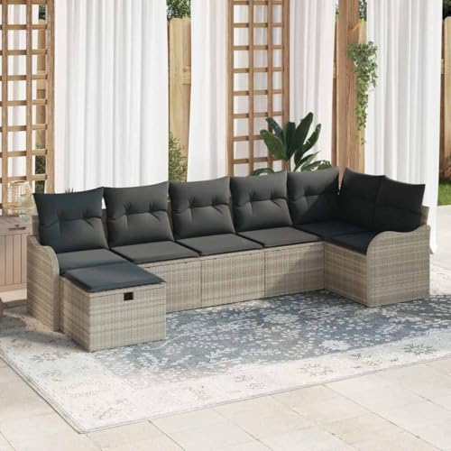 Tonture Garten Loungesofa Set, Hellgrau Poly-Rattan, Modular mit Stauraum, UV-beständig, wetterfest, für Terrassen, Balkone, 7-teilig