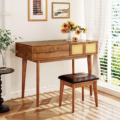 Image of Vanity Table Set with Flip-top Mirror and Cushioned Stool, 43.3 inch Classic Wood Makeup Vanity Set, Dressing Table with 3 Woven Rattan Drawers and Storage Space for Bedroom (Brown with Flip-top Mirror)