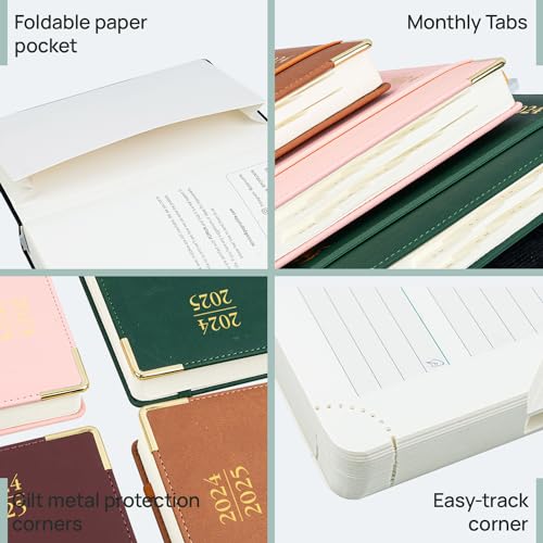 POPRUN Daily Planner 2024-2025 One Page per Day - Academic Calendar (July24- June25) Hourly Appointment Book with Vegan Leather Hardcover,Monthly Tabs&Pocket, 5.75\" x 8.5\" - Brown