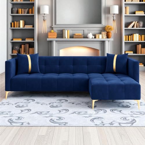 Image of Furny Styling 4 Seater Fabric RHS L Shape Sofa Set (Blue) | Soft Velvet Fabric | Modern Design | Comfortable Seating | Living Room Furniture
