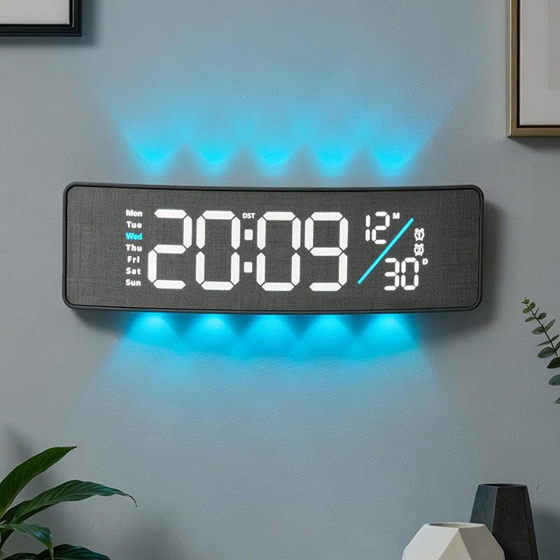 Image of 12 inch Multifunctional Curved Digital LED Wall Clock with RGB Ambient Backlight /Dual Alarms /Countdown Timer Grey Fabric Texture (12 inch Curved Gray)