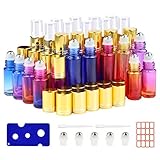 30 Pack Hermocio Refillable Glass Essential Oil Bottles, Rainbow Color (10 Pack Mist Sprayer, 20 Pack Stainless Steel Roller Ball Bottles with 2 Droppers, 5 Extra Roller Ball, 1 Opener, 3 Pack Lables)