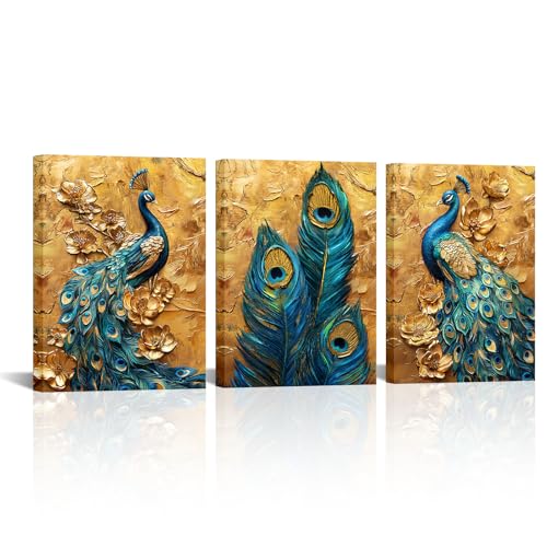 AoArtWZ Peacock Canvas Wall Art 3 Panels Gold Feather Bird Pictures Blue Animal Print Modern Artwork Home Living Room Decor Framed (12