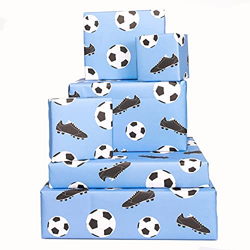 Central 23 - Fun Wrapping Paper for Boys - 6 Sheets of Birthday Gift Wrap - Football Wrapping Paper - Football Boots - For Girls - Blue White - Recyclable