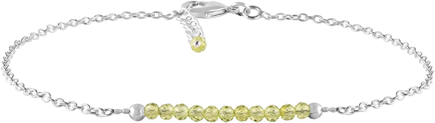 YANARA Ankle Bracelet for Women Jewelry, Natural Birthstone, Gemstone Beads, Handmade Dainty Anklet 9"+1.25" inch, 3mm Rounds, Chakra Energy Crystals, Silver Plated Chain