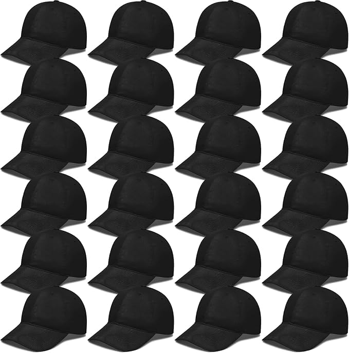 Malloom Lot de 24 casquettes de baseball vierges en vrac, casquettes de golf classiques et originales, taille ajustable, pour homme et femme, noires