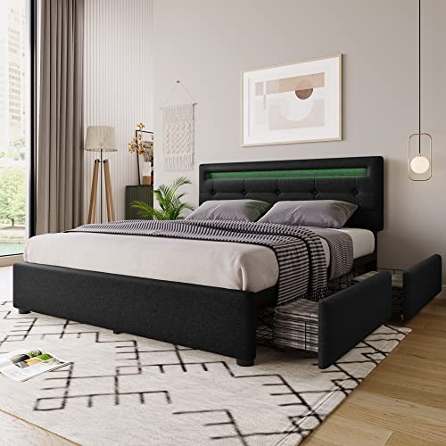 BTM LED-Doppelbett 140x200cm mit 4 XXL-Schubladen Höhenverstellbares Samt-Kopfteil, Holzlattenrost & 600LBS Tragkraft in Schwarz/Grau