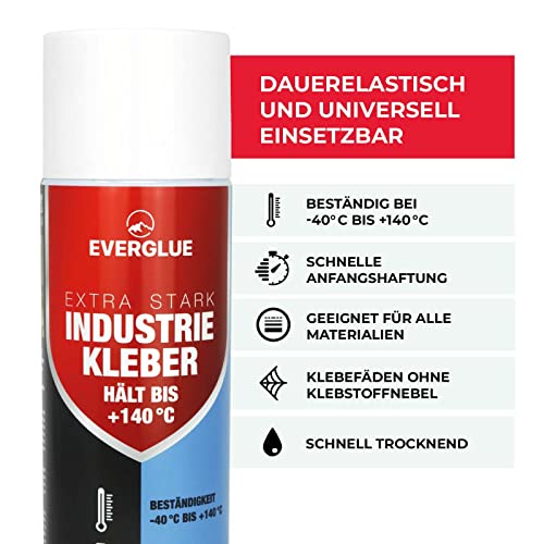 Everglue Industriekleber Extra Stark 140 Hochtemperatur Klebefäden mit schneller Anfangshaftung permanent haftend Hochtemperatur Sprühkleber - Hitzebständiger Industriekleber - extra stark 500ml