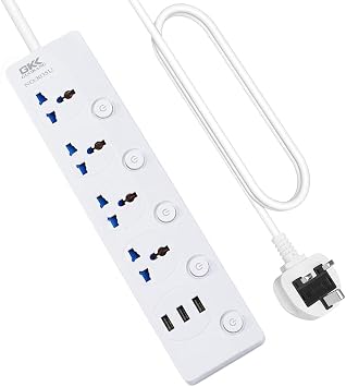 4 Way Extension Lead 3M/9.84FT with 3 USB Slots,Protected Extension Cord with Individual Switches,13Amp UK Plug Wall Mounted Power Strip for Home Office