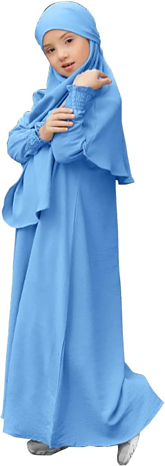 Muslim Dress for Girls Islamic Prayer Abaya Dress Long Sleeve Kaftan Robe Dresses with Hijab Kids Ramadan Eid Outfit