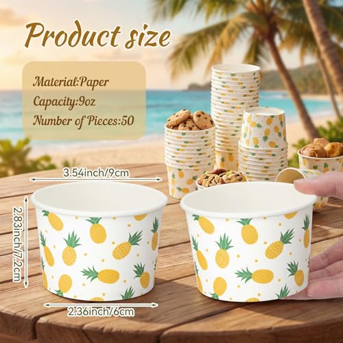 Image of Funnymoom 50 Pack Pineapple Ice Cream Cups 9 oz Yellow Pineapple Disposable Dessert Bowls Fruit Paper Soup Bowl Snack Cup for Hot or Cold Food for Summer Hawaiian Luau Theme Baby Shower Birthday Party