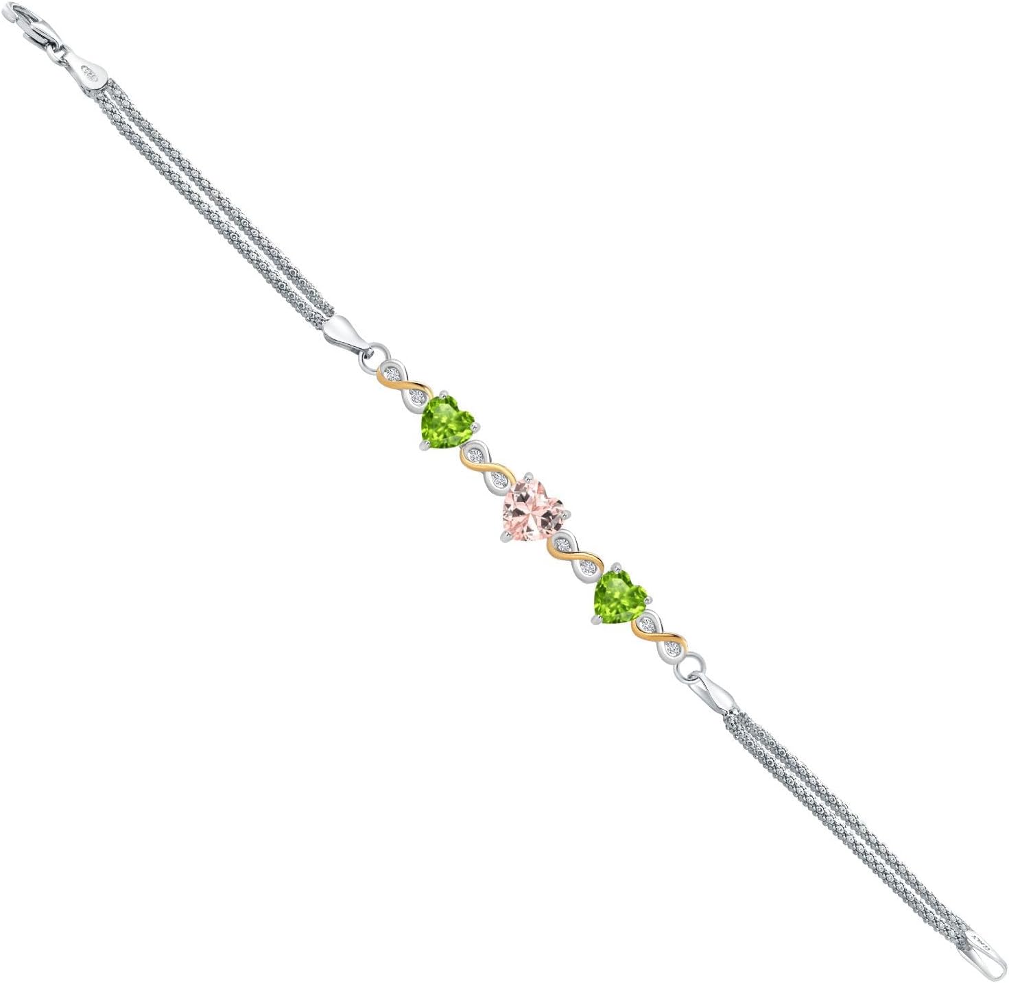 Gem Stone King 925 Silver and 10K Yellow Gold Peach Nano Morganite and Green Peridot and White Lab Grown Diamond Bracelet For Women (2.86 Cttw, October Birthstone, Heart 7MM and 6MM, 6.5/7/7.5 Inch,