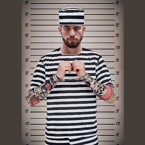 Liitrsh 4 Pcs Halloween Prisoner Costume Striped Prison Jumpsuit with Tattoo Sleeves Handcuff and Foot Cuff (Large) by Liitrsh - Image 4