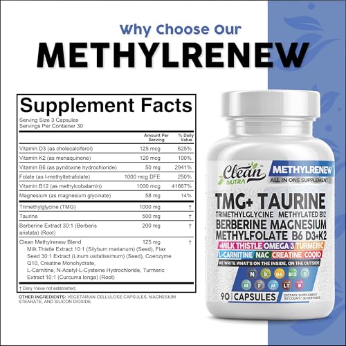Clean Nutra TMG Supplements 1000mg | Methylated Multivitamin for Women Men | Taurine B6 Vitamins B12 D3 K2 Trimethylglycine Magnesium Methylfolate Milk Thistle NAC COQ10 B Supplement Complex Capsules - Image 3